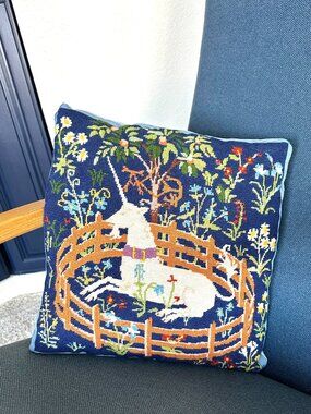 Vintage Handmade Unicorn in Captivity Needlepoint Pillow